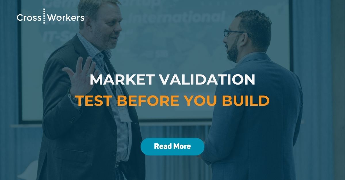 Two European businessmen and one Egyptian professional having a business discussion, representing cross-border collaboration and market validation before international expansion. The cover features the title: "Market Validation: Test Before You Build."